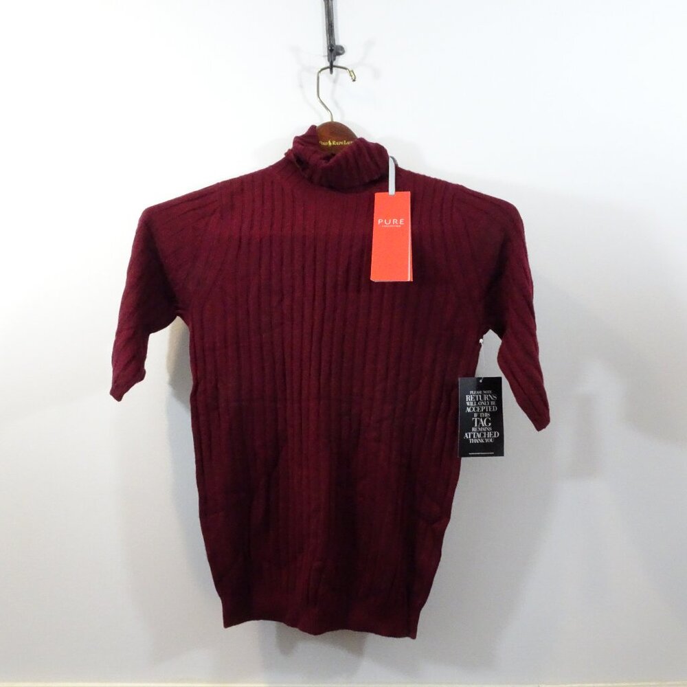 Pure Collection Turtleneck Ribbed Sweater Size 4 Maroon NEW Short Sleeve Cozy